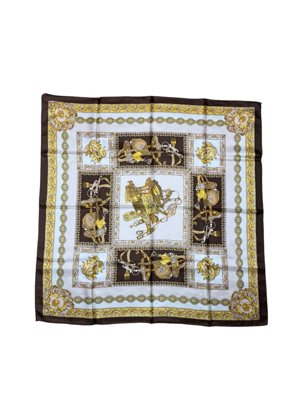 Vintage Cochni Equestrian Saddle Motif 100% Silk Scarf Brown Cream Gold